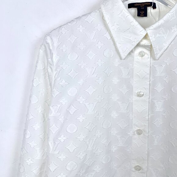 Louis Vuitton Womens White Monogram Embossed Cotton Button-Up Shirt Size 34 - Picture 3 of 7